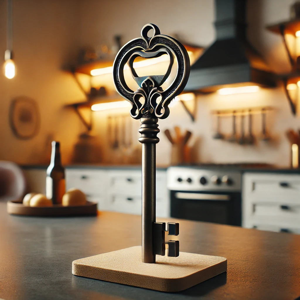 A-unique-and-stylish-bottle-opener-with-an-original-design-such-as-a-bottle-opener-shaped-like-a-vintage-key-set-in-a-cozy-and-modern-kitchen.