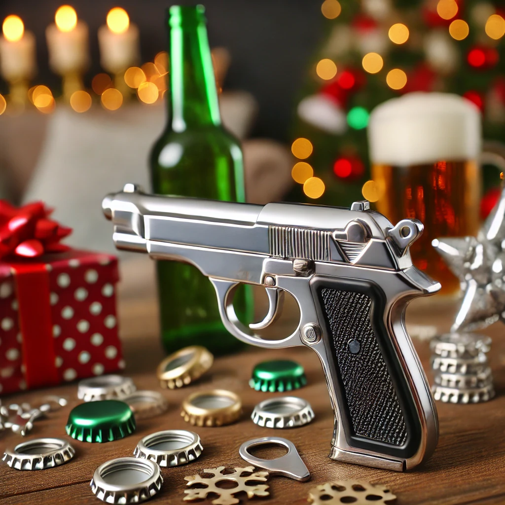 A-fun-and-sleek-pistol-shaped-bottle-opener-displayed-on-a-party-table-setting.-The-opener-is-designed-to-look-like-a-miniature-gun-with-polished-details.