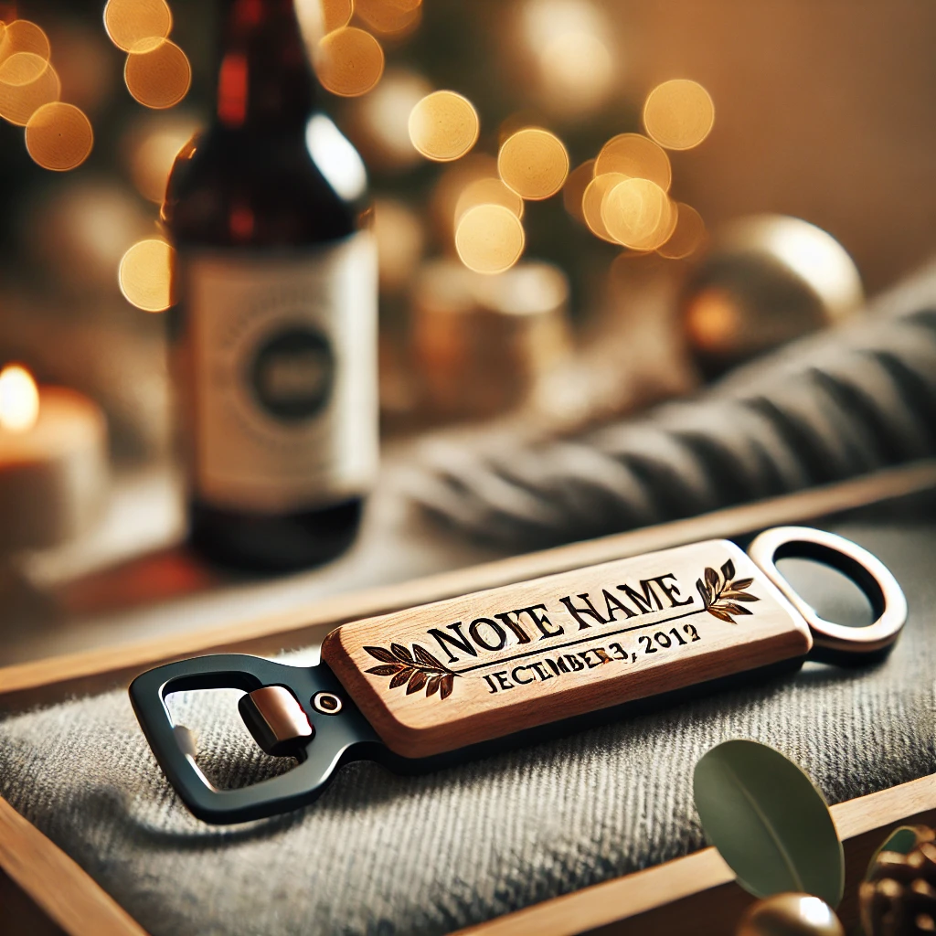 A-stylish-and-elegant-bottle-opener-made-of-wood-and-metal-engraved-with-a-personalized-name-and-date.-The-opener-is-displayed-on-a-modern-table.