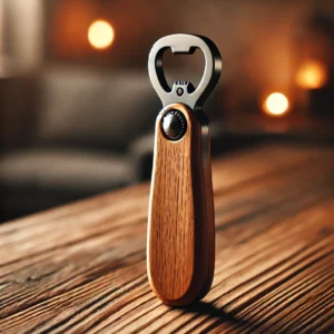 A-sleek-and-elegant-wooden-bottle-opener-with-a-metal-handle-displayed-on-a-rustic-wooden-table.-The-bottle-opener-is-surrounded-by-warm-lighting.