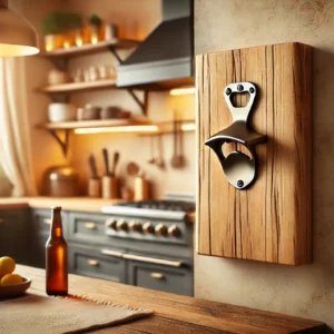 A-stylish-and-modern-wall-mounted-bottle-opener-made-of-wood-and-metal-securely-fixed-on-a-rustic-kitchen-wall.-The-background-features-a-cozy-kitchen