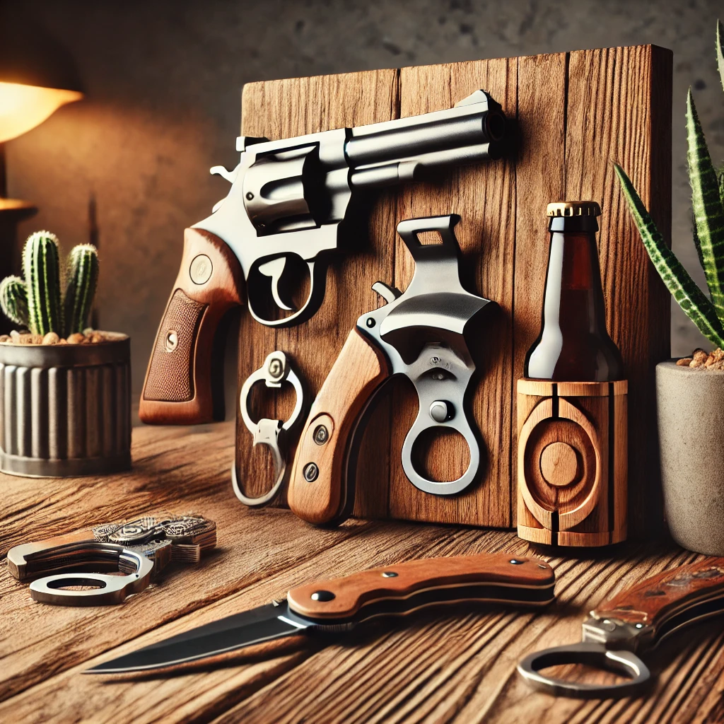 A-collection-of-stylish-and-original-bottle-openers-displayed-on-a-rustic-wooden-table.-Includes-a-wall-mounted-opener-a-pistol-shaped-opener