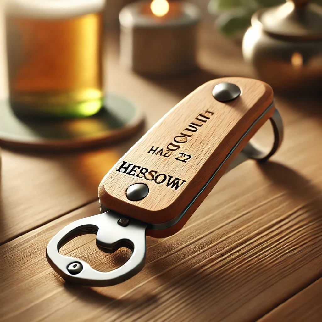 A-custom-designed-bottle-opener-with-elegant-engravings-displayed-on-a-wooden-table.-The-opener-is-made-of-polished-wood-and-metal-engraved